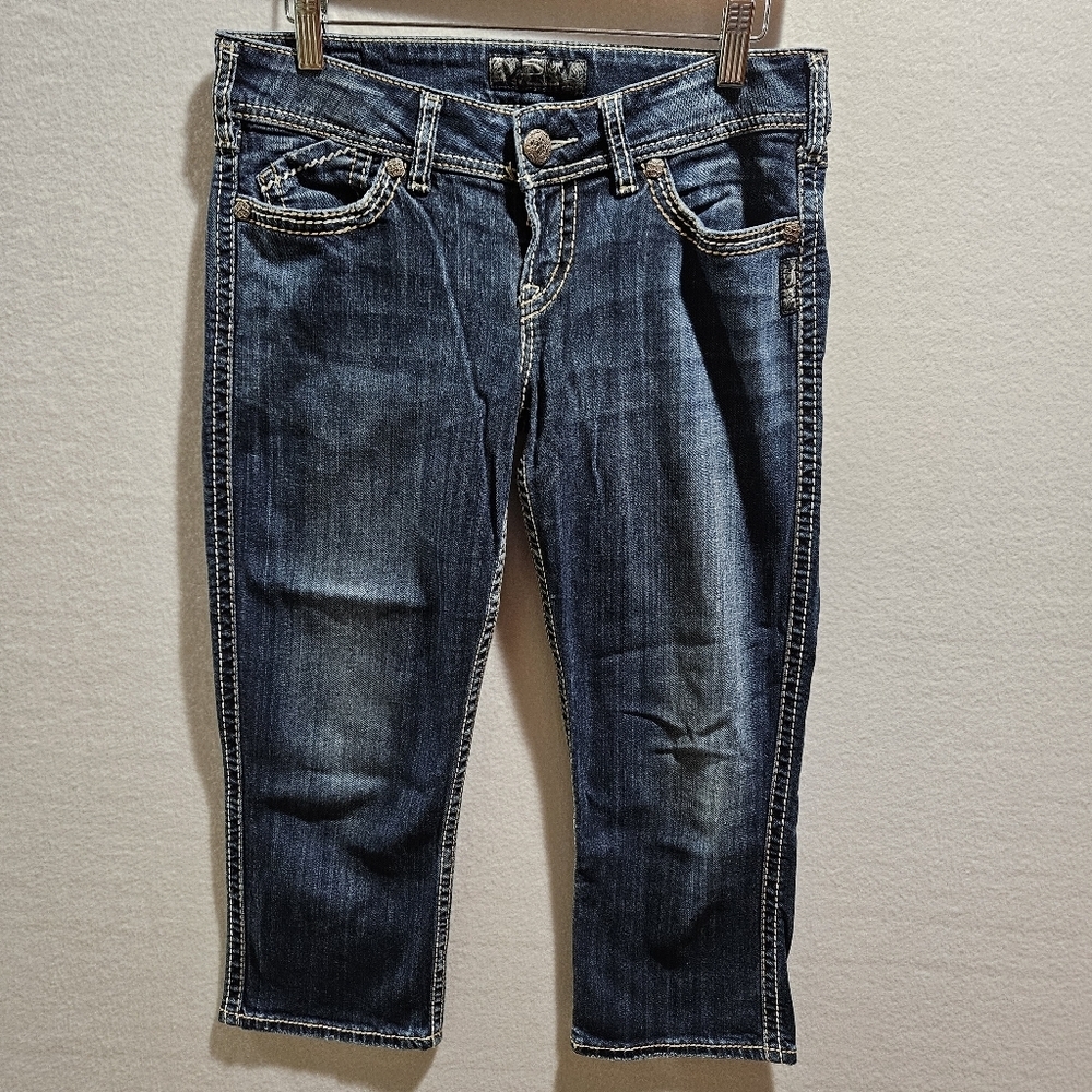 Silver Jeans McKenzie Flap Capri Shorts Womens Size 29 Blue Denim Thick Stitch